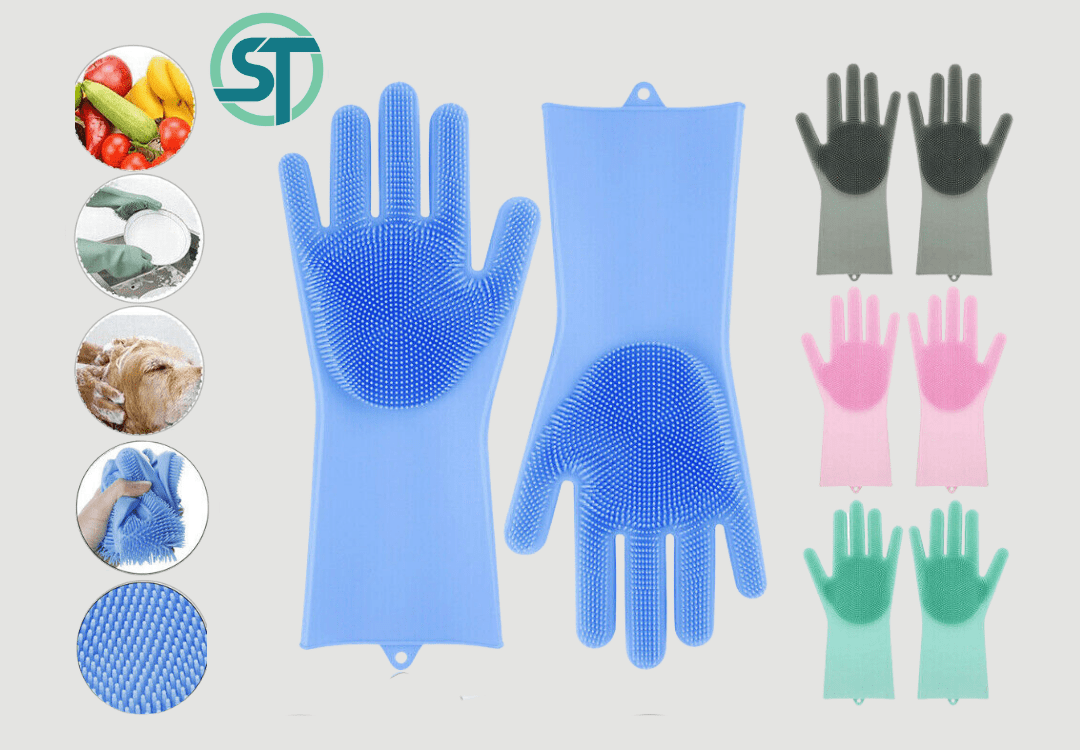 100% Food Grade Dishwashing Cleaning Silicone Rubber Magic Scrubber Gloves with Wash Scrubber All in One